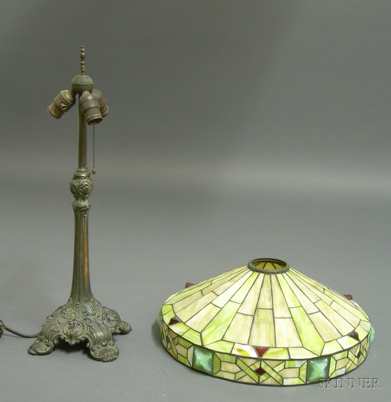 Appraisal: Metal Overlay Table Lamp Probably Bradley Hubbard Slag glass and