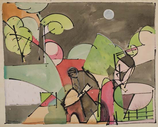 Appraisal: ROMARE BEARDEN - Untitled Workers in a Field Watercolor and