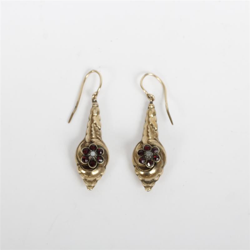 Appraisal: Pair hollow gold filled repousse Victorian drop earrings with garnet