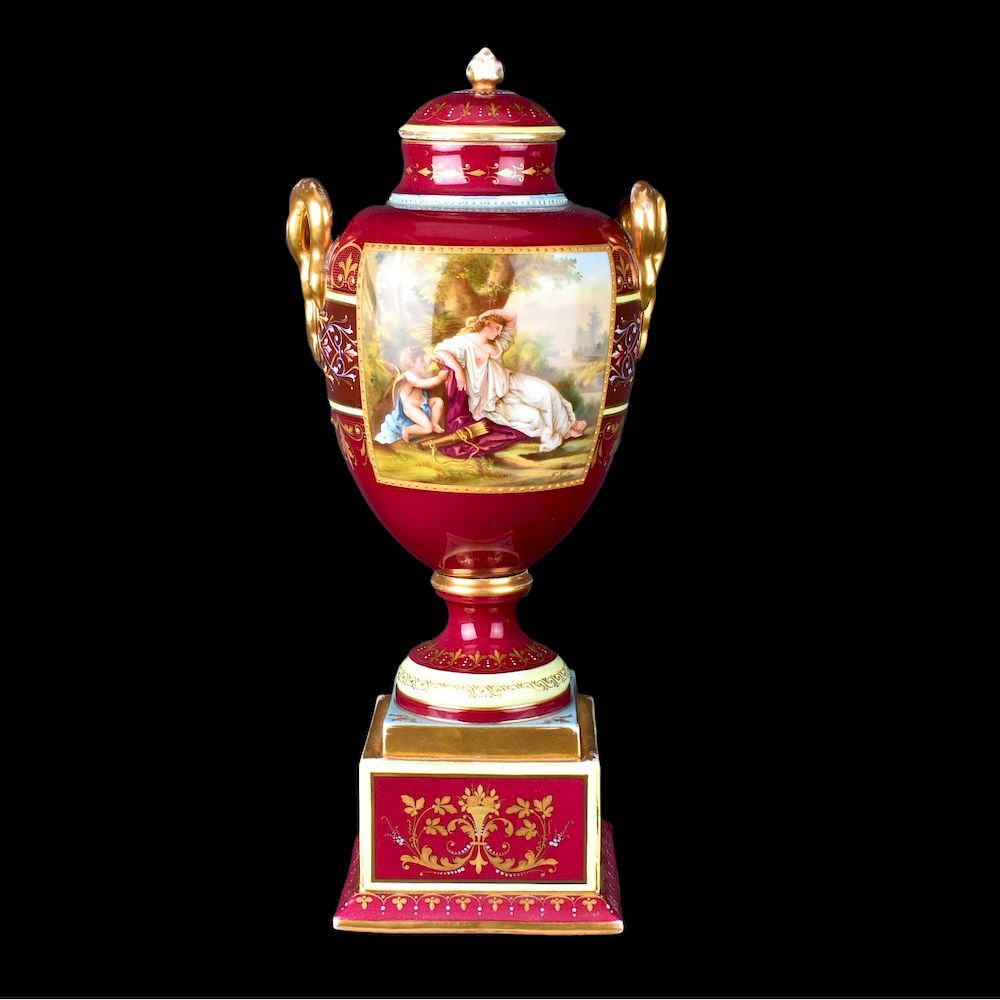 Appraisal: Royal Vienna Urn Royal Vienna hand painted bolted and covered