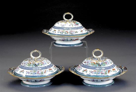 Appraisal: Three English earthenware covered tureens by Pinder Bourne Hope circa