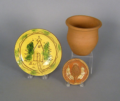 Appraisal: Stahl redware crock h and small plaque dia together with