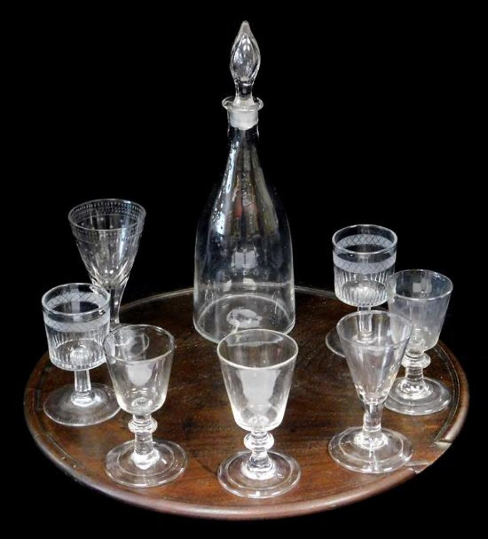 Appraisal: Seven cordial and wine glasses with decanter and wooden tray