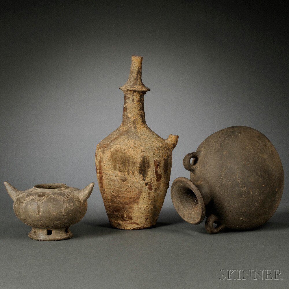 Appraisal: Three Unglazed Pottery Items Korea th th century a bottle