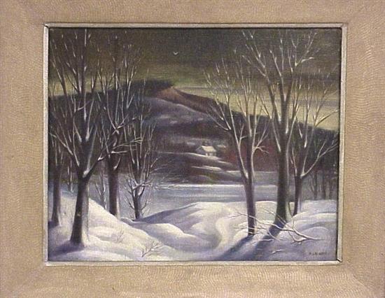 Appraisal: George J Marinko - oil on canvas moonlit evening snowscape