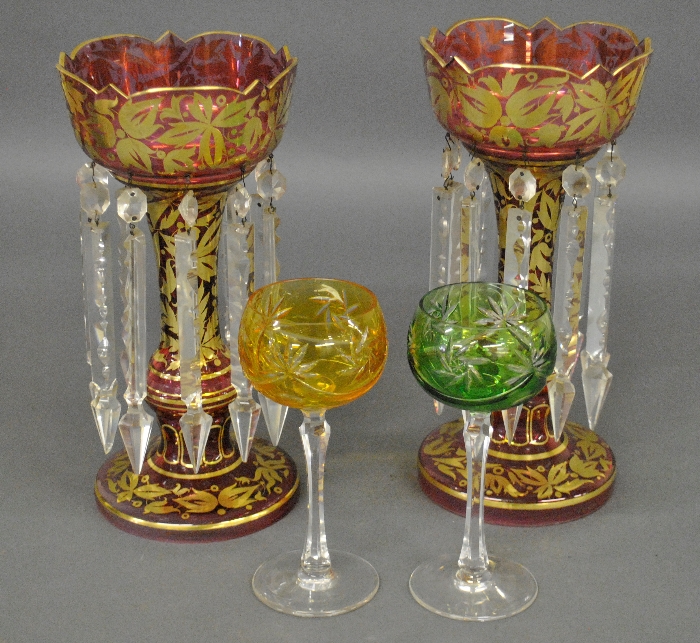 Appraisal: - Pair of cranberry glass lusters with drop prisms h