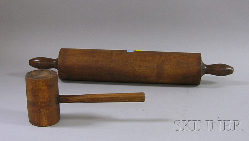 Appraisal: Large Walnut Rolling Pin and a Wooden Mallet pin overall