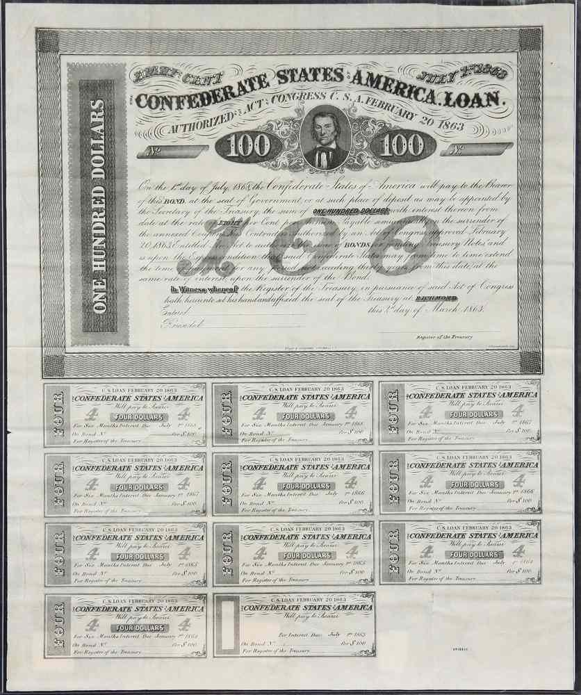 Appraisal: UNCLIPPED CONFEDERATE BOND - Dollar nd March CSA Bond unsigned