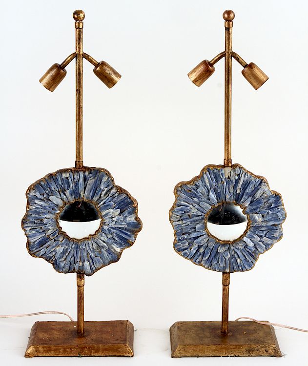 Appraisal: PAIR GILT IRON TABLE LAMP STARBUST MIRROR CONVEX A pair