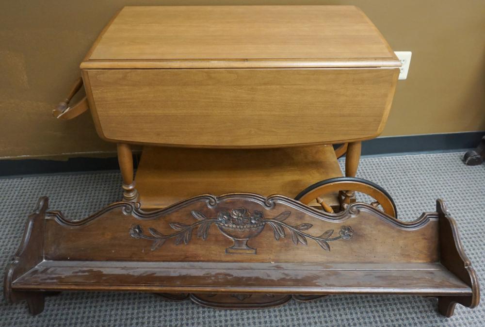 Appraisal: FRUITWOOD ROLLING TEA CART AND CARVED FRUITWOOD HANGING PLATE RACKFruitwood