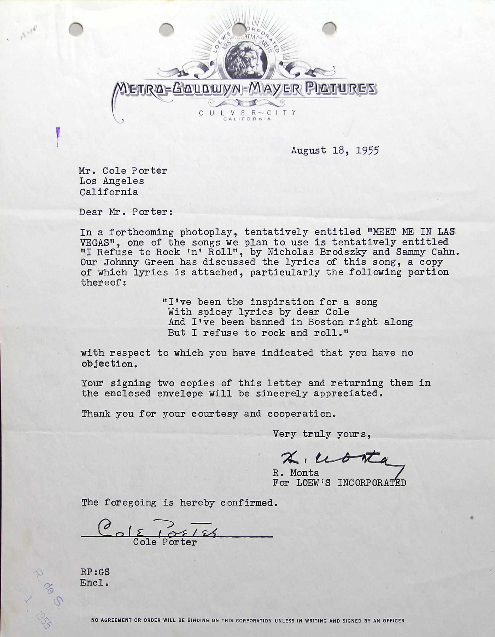 Appraisal: PORTER COLE - Typed Letter Signed ''Cole'' p vo London