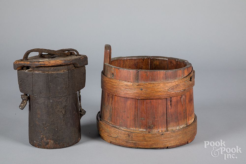 Appraisal: Wooden grease bucket etc Wooden grease bucket th c h