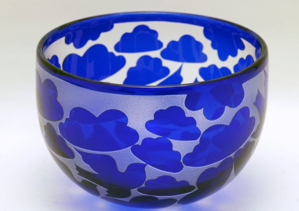 Appraisal: Boda art glass bowl cameo cut cobalt birds and clouds