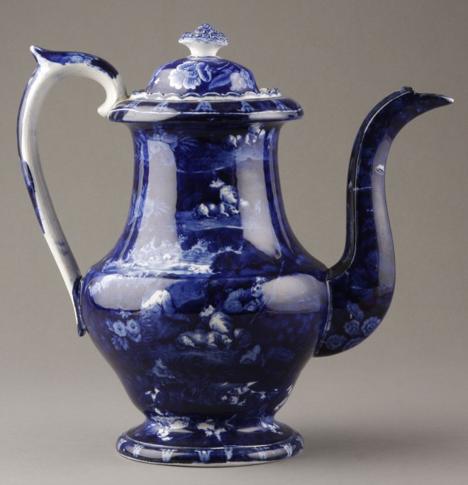 Appraisal: Blue and white transferware coffeepot featuring pastoral landscape with figures