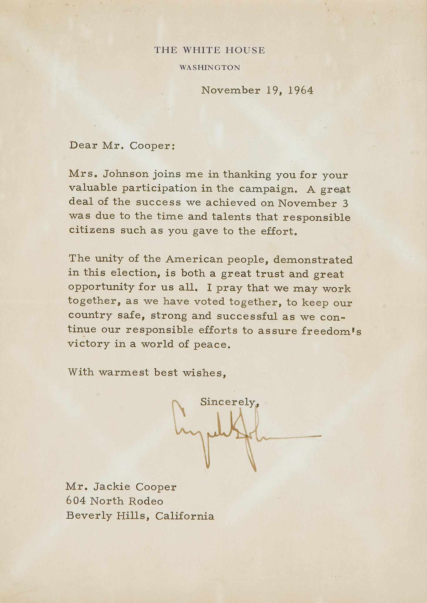 Appraisal: Presidential letters to Jackie Cooper - President Lyndon B Johnson