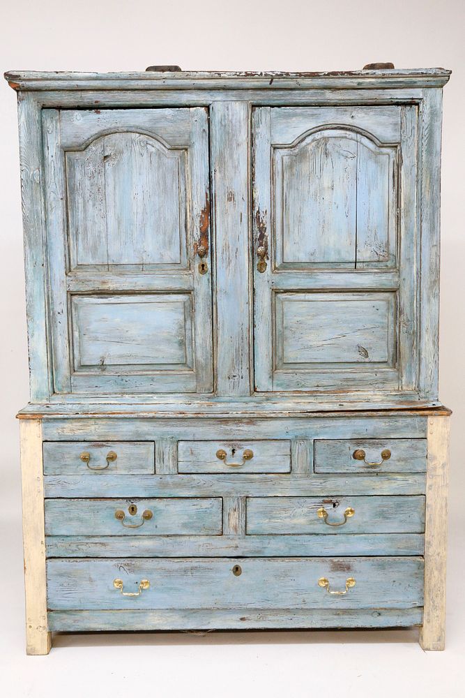 Appraisal: French Blue Painted Two-Part Kitchen Cupboard th Century French Blue