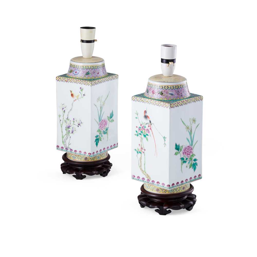 Appraisal: PAIR OF FAMILLE ROSE SQUARE-SECTION VASES REPUBLIC PERIOD each of