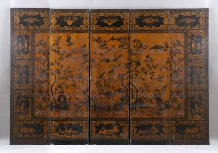 Appraisal: FIVE DECORATIVE DUTCH CHINOISERIE PANELS Formally a -panel leather screen