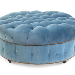 Appraisal: A Velvet-Upholstered Button-Tufted Ottoman th Century Height x diameter inches