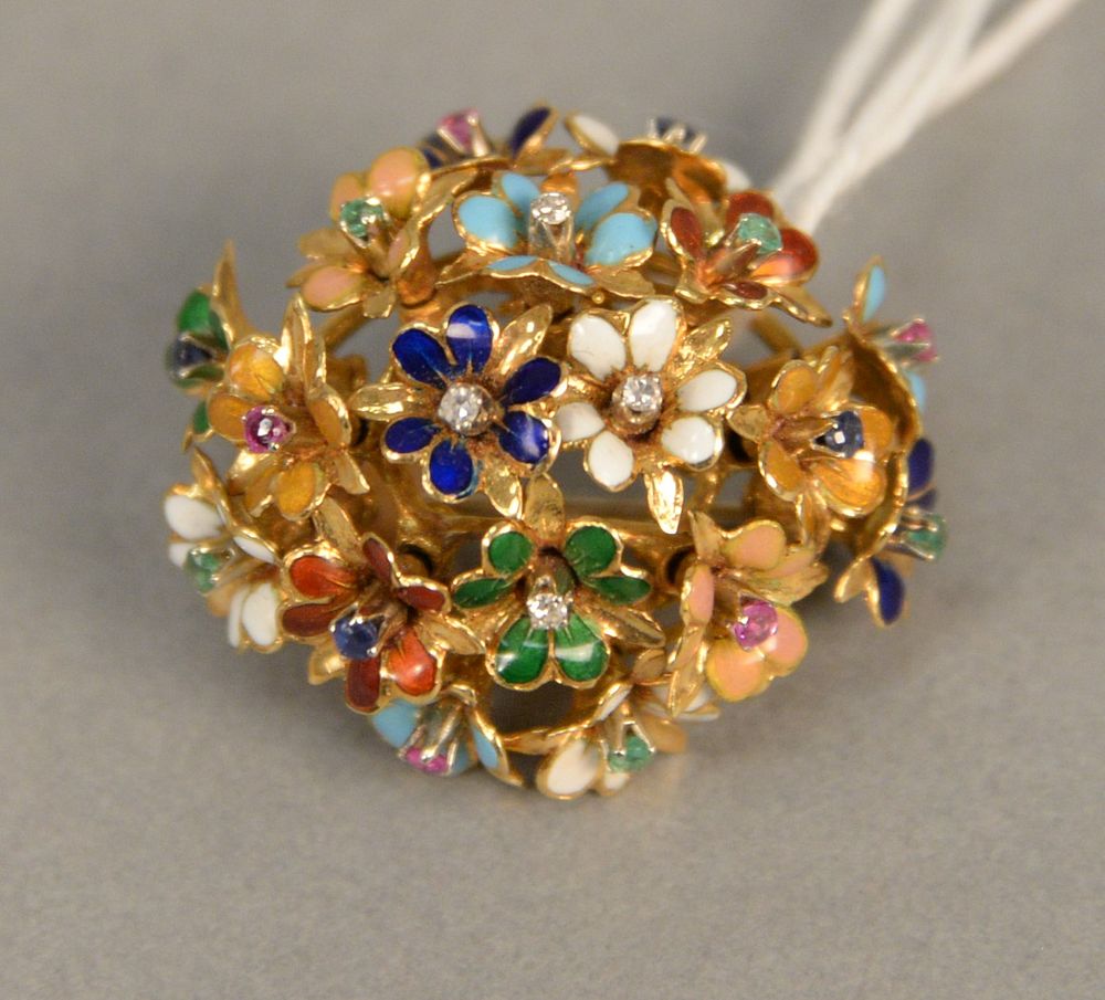 Appraisal: K gold brooch made of multiple enameled flowers set with