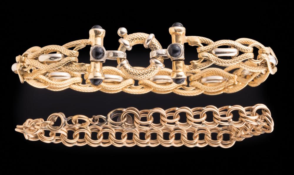 Appraisal: Two kt Yellow Gold Flexible Bracelets one with interwoven textured