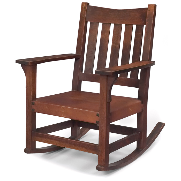 Appraisal: Gustav Stickley rocker V back form with five vertical slats