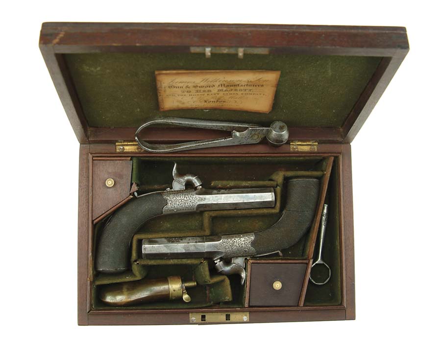 Appraisal: CASED PAIR OF WILKINSON PERCUSSION POCKET PISTOLS Cal About Smoothbore