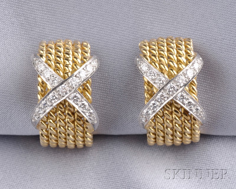 Appraisal: kt Gold and Diamond Rope Earclips Schlumberger Tiffany Co six