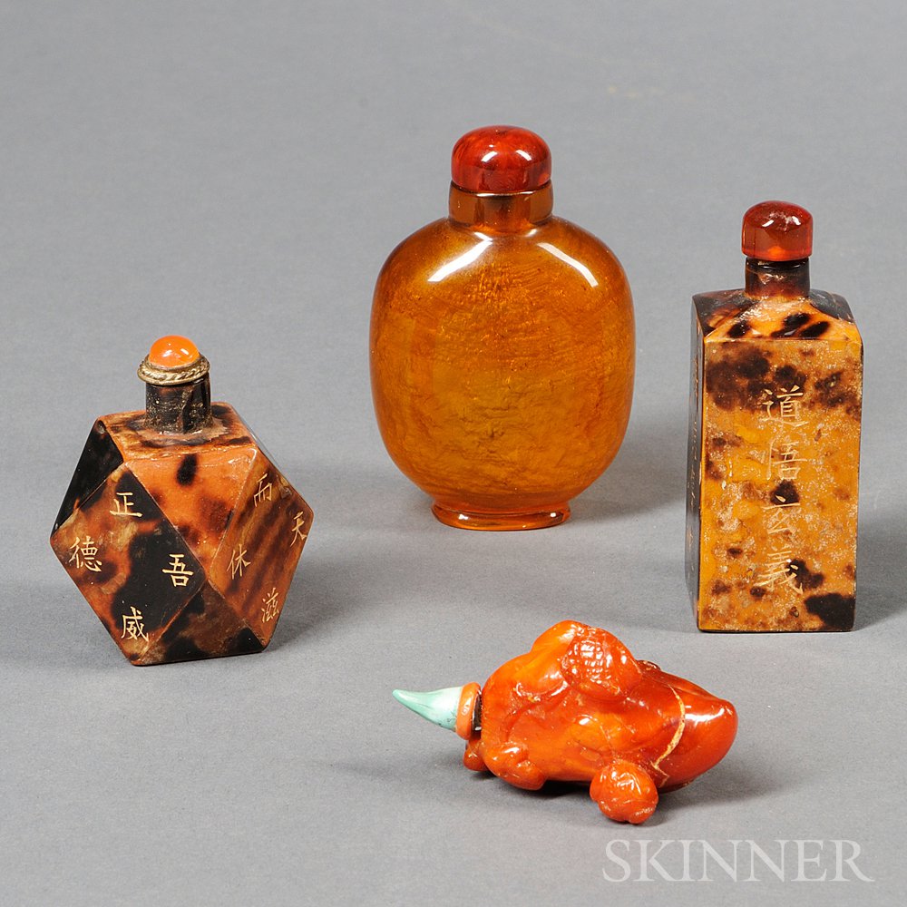 Appraisal: Four Snuff Bottles China a hawksbill rectangular snuff decorated with