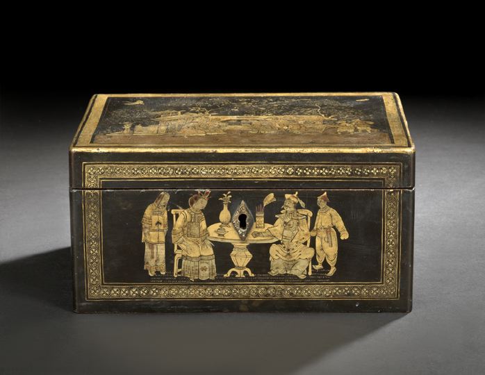 Appraisal: Chinese Export Deux-Couleur-Gilded Black Lacquer Tea Box in Mandarin's Garden