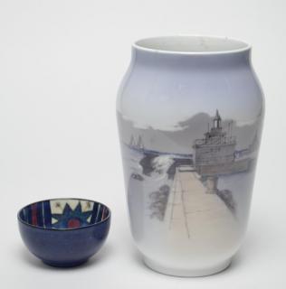 Appraisal: Royal Copenhagen Porcelain Comprising tall vase with lighthouse landscape and