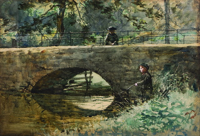 Appraisal: TH CENTURY ENGLISH SCHOOLA boy fishing by a river bridge