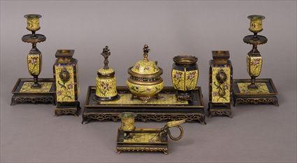 Appraisal: FRENCH CHINOISERIE YELLOW GROUND CLOISONN AND GILT-METAL EIGHT-PIECE DESK SET