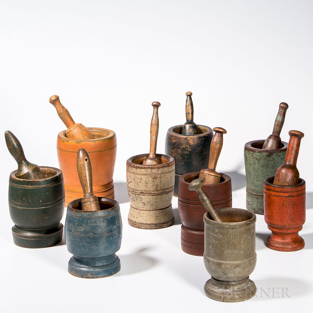 Appraisal: Collection of Nine Turned and Painted Mortars and Pestles Collection