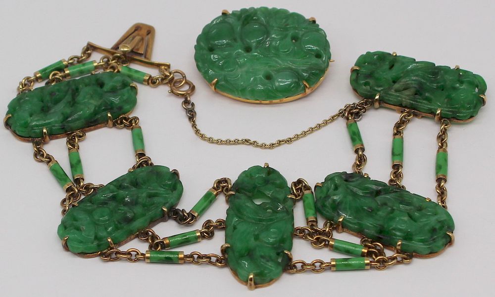 Appraisal: JEWELRY Jade and Gold Jewelry Grouping Includes a kt yellow