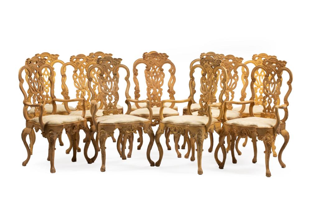 Appraisal: Twelve Portuguese Carved and Painted Dining Chairs incl four armchairs