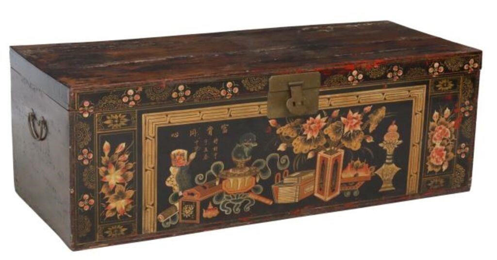 Appraisal: Chinese lacquered and parcel gilt storage trunk ornamented in polychrome