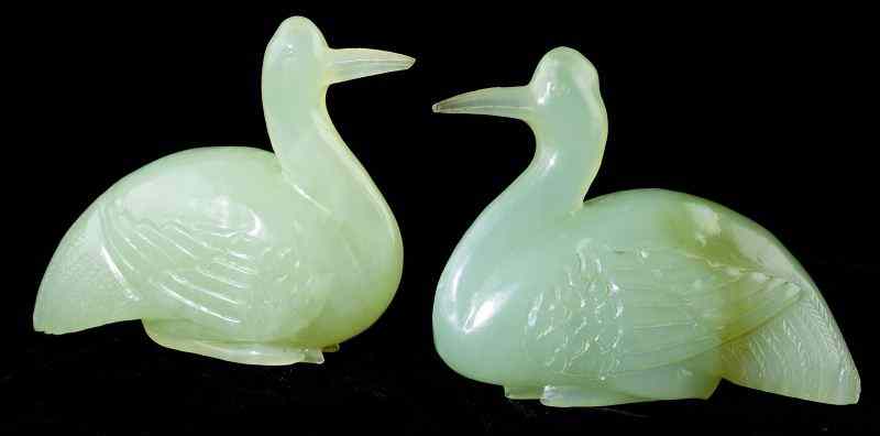 Appraisal: Pair of Chinese Green Jade Cranes or Nephrite th century