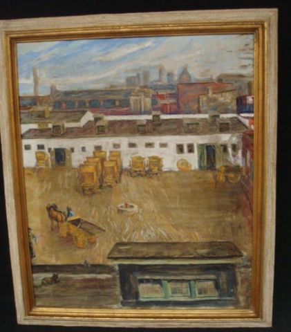 Appraisal: Oil on canvas WPA scene of Brooklyn Has painting on