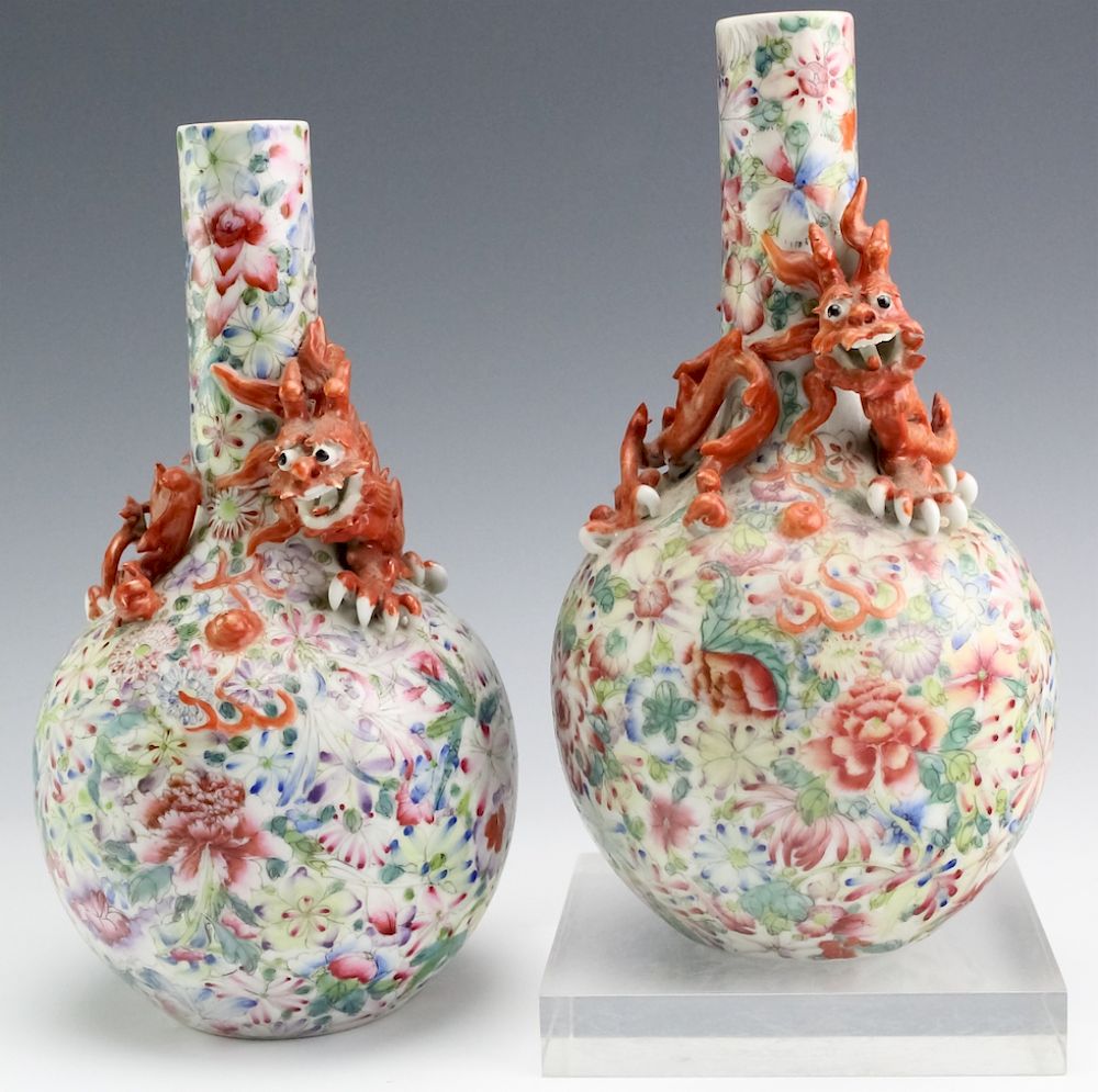 Appraisal: Pr Chinese Porcelain Figural Dragon Floral Vases Pair of vintage