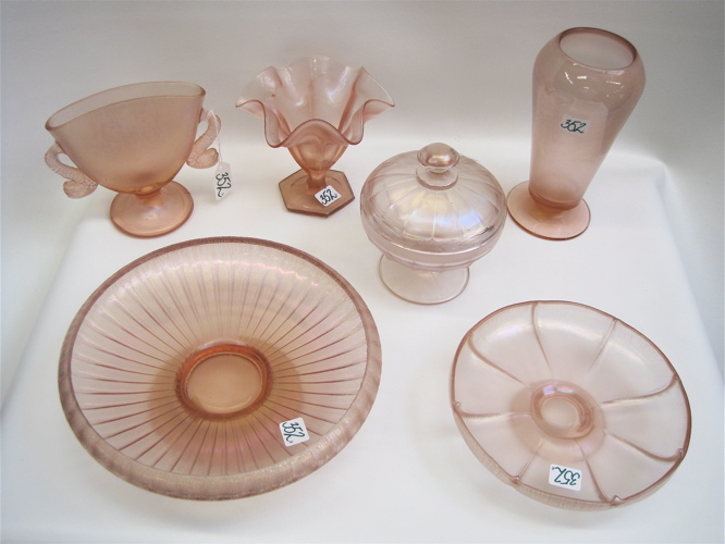 Appraisal: SIX PIECES VELVA ROSE PINK STRETCH GLASS two bowls and