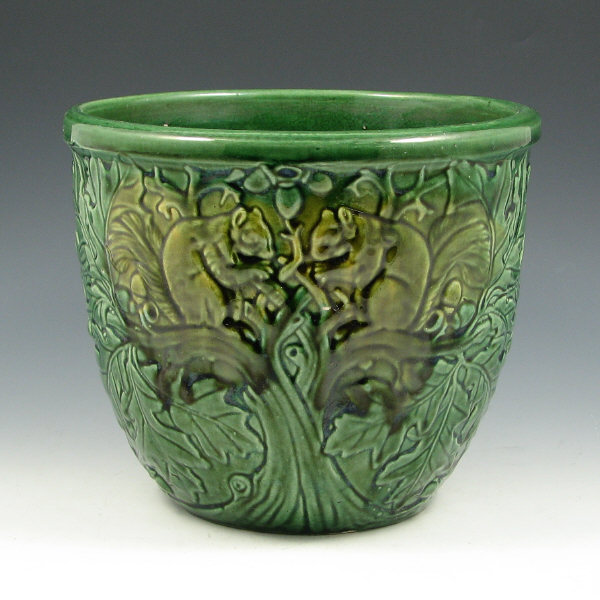 Appraisal: Weller blended glaze jardiniere with squirrels Unmarked Two small flakes