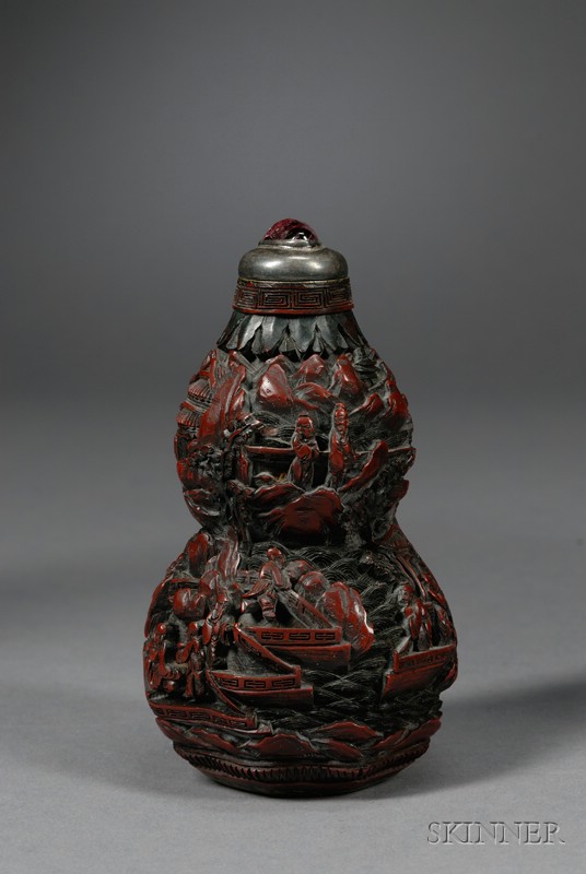 Appraisal: Cinnabar Bottle China th century double gourd form deeply carved