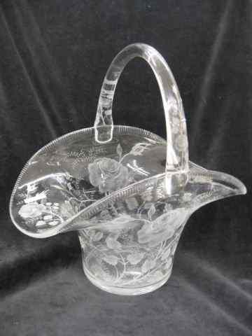 Appraisal: Cut Glass Basket fine engraved roses '' scarce size a