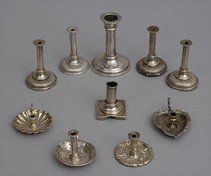 Appraisal: SET OF FOUR ENGLISH SILVER MINIATURE CANDLESTICKS AND SIX OTHER