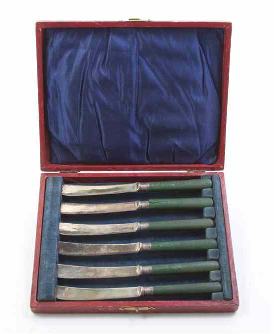 Appraisal: Six English Silver Butter Knives Frank Wood Sheffield having plastic