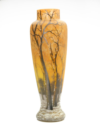 Appraisal: DAUM Monumental etched and enameled landscape scenic vase with winter