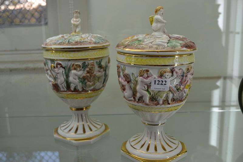 Appraisal: PAIR OF CAPIDIMONTE LIDDED URNS WITH FIGURAL FINIALS