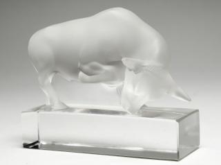 Appraisal: Lalique Frosted Clear Crystal Pawing Bull The figurine etched on