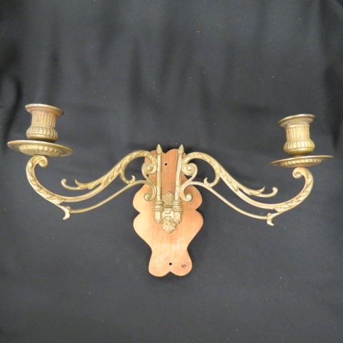 Appraisal: Pair of Brass and Wood Wall Scones double candle